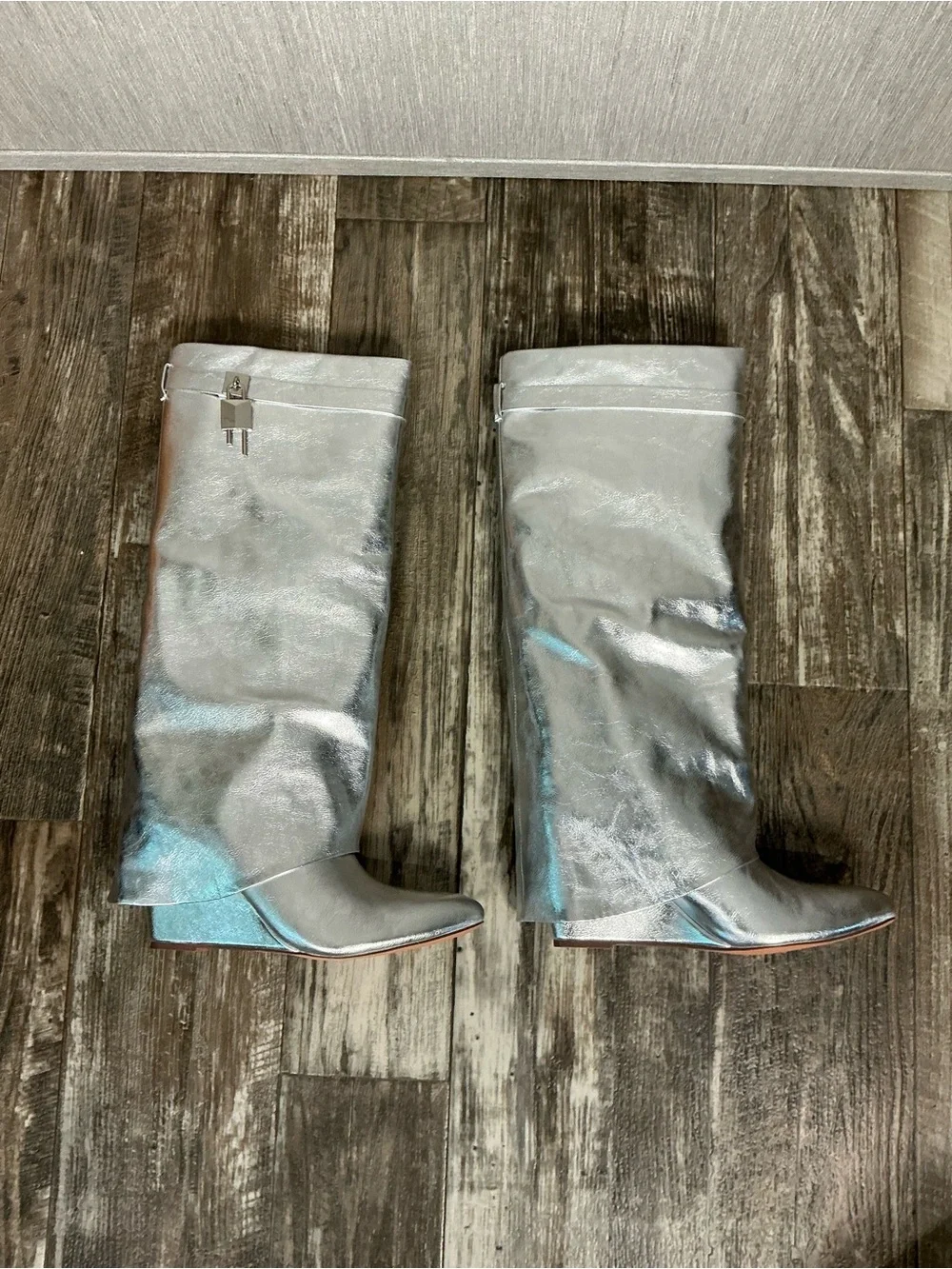 NWOB Fashion Nova Metallic Silver Knee-High Wedge Boots Size 9